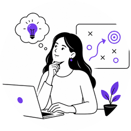 Illustration einer Frau, die über eine Marketingstrategie nachdenkt. Neben ihr sind ein Laptop, eine Denkblase mit Glühbirne sowie ein Strategie-Board mit Zielscheibe und Markierungen zu sehen. Die Illustration ist in Schwarz, Weiß und Lila gestaltet.
