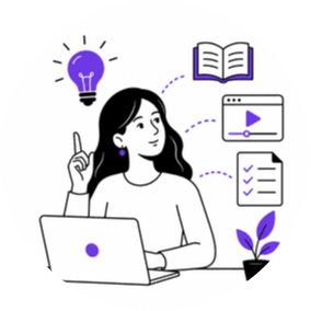 Illustration einer Frau am Laptop, die neue Marketing- und Webdesign-Kenntnisse erlernt. Um sie herum befinden sich Symbole für Ideen, Weiterbildung, digitale Inhalte und Aufgabenplanung. Die Illustration ist in Schwarz, Weiß und Lila gestaltet.
