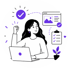 Illustration einer Frau am Laptop, die erfolgreich ein Projekt abgeschlossen hat. Symbole für erledigte Aufgaben, Webdesign und Zielerreichung verdeutlichen Struktur, Organisation und erfolgreiche Umsetzung. Die Illustration ist in Schwarz, Weiß und Lila gestaltet.